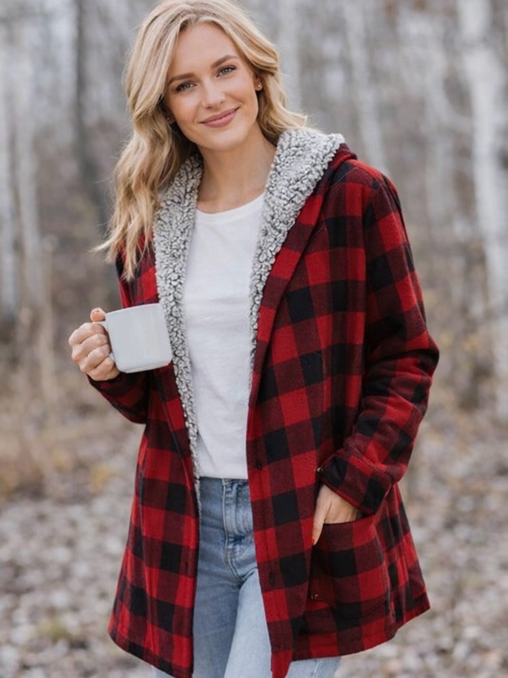 Thread & Supply Buffalo Plaid Sherpa Jacket Hooded Cozy Cabincore Small - Picture 3 of 9